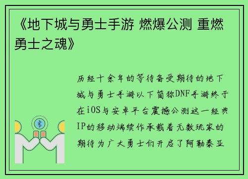 《地下城与勇士手游 燃爆公测 重燃勇士之魂》
