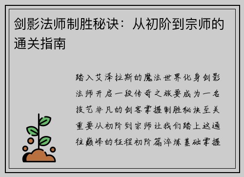 剑影法师制胜秘诀：从初阶到宗师的通关指南