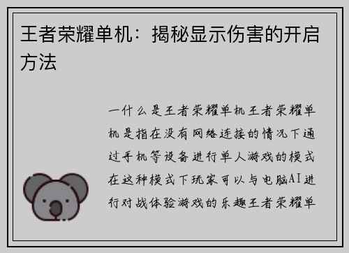 王者荣耀单机：揭秘显示伤害的开启方法