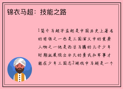 锦衣马超：技能之路